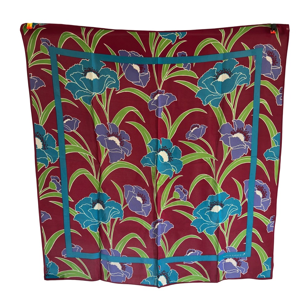 Hattie Carnegie Scarf Burgundy Blue Silk Floral Poppy Print Vintage 27" Square
